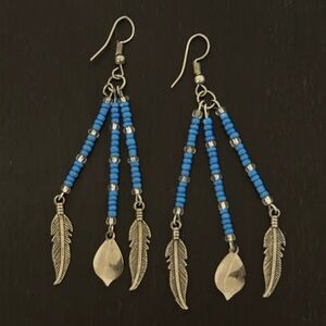 Handmade Blue Beaded Feather Earrings – Boho Chic Dangle Jewelry